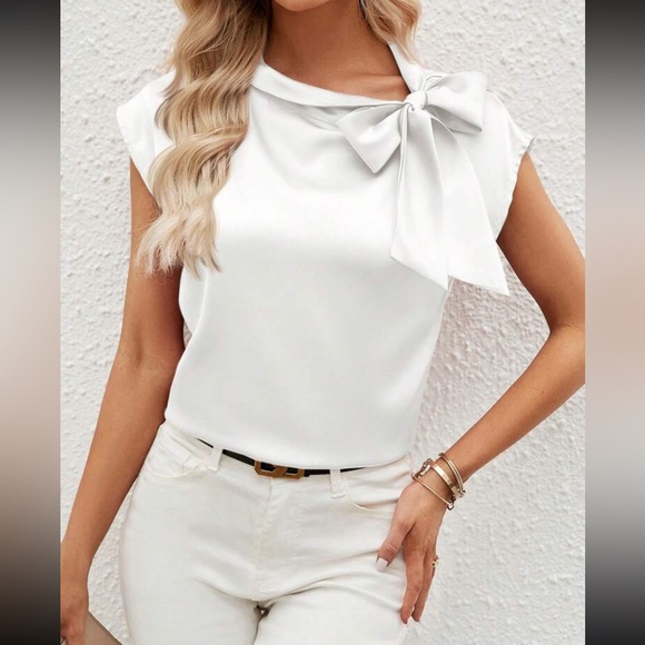 Luxe white tie neck short sleeve satin top